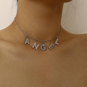 Crystal Letter Angel Necklace Gothic Simple Silver Color Shiny Rhinestones Link Chain Pedant Necklace Choker Collar Jewelry