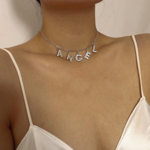 Crystal Letter Angel Necklace Gothic Simple Silver Color Shiny Rhinestones Link Chain Pedant Necklace Choker Collar Jewelry