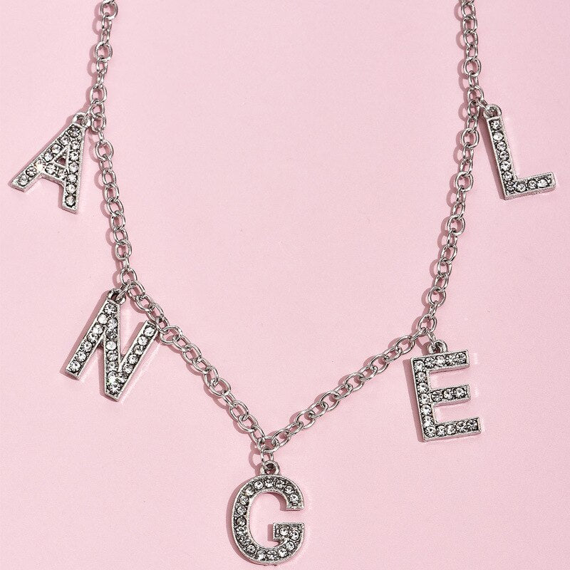 Crystal Letter Angel Necklace Gothic Simple Silver Color Shiny Rhinestones Link Chain Pedant Necklace Choker Collar Jewelry