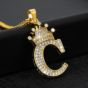 Crystal Zircon Alphabet Pendant Necklaces For Women Men Crown Initial Letter Necklace Hip Hop Gold Chain Jewelry Collier Bijoux