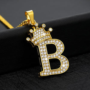 Crystal Zircon Alphabet Pendant Necklaces For Women Men Crown Initial Letter Necklace Hip Hop Gold Chain Jewelry Collier Bijoux