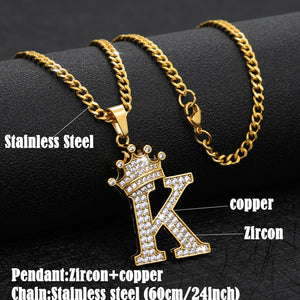 Crystal Zircon Alphabet Pendant Necklaces For Women Men Crown Initial Letter Necklace Hip Hop Gold Chain Jewelry Collier Bijoux