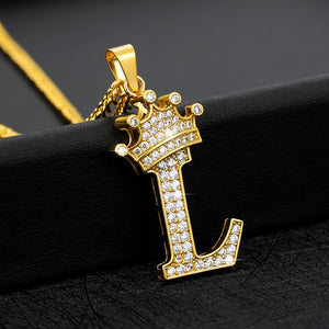 Crystal Zircon Alphabet Pendant Necklaces For Women Men Crown Initial Letter Necklace Hip Hop Gold Chain Jewelry Collier Bijoux