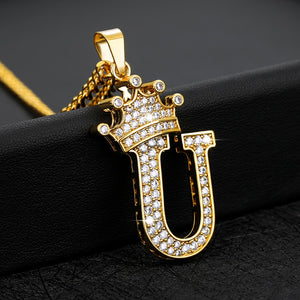 Crystal Zircon Alphabet Pendant Necklaces For Women Men Crown Initial Letter Necklace Hip Hop Gold Chain Jewelry Collier Bijoux