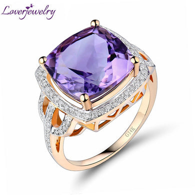 Cushion 12x12mm Gem Solid 14Kt Yellow Gold Diamond Purple Amethyst Engagement Ring For Sale R2004
