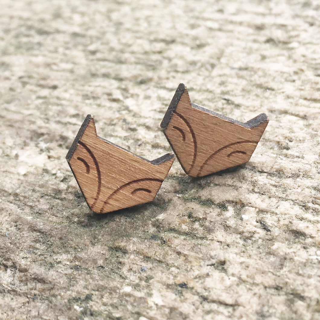 Cute Fox Solid Wood Engraved Earrings Lovely Fox Stud Animal Earring Wooden Earring Handmade Earrings X 1 Pair