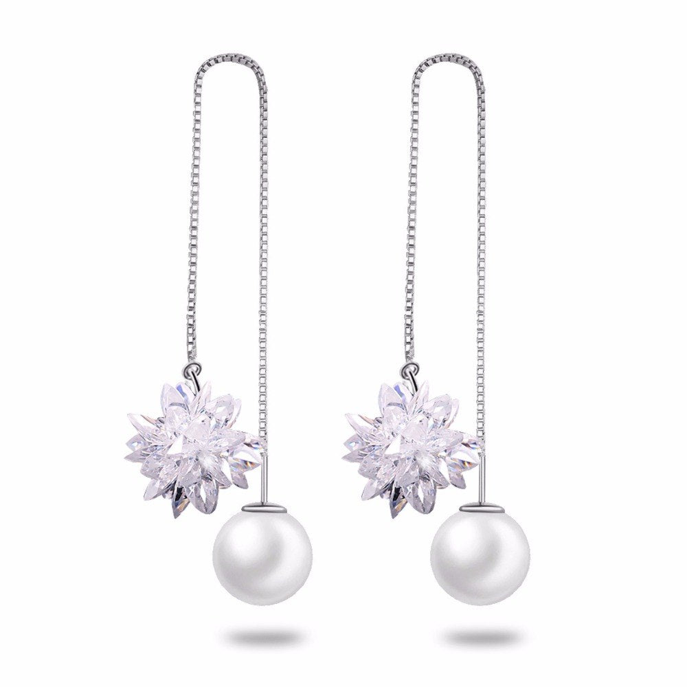 Cute Ice Flower Dangle Earrings for Women Pearl Long Earring Female Earings for Girls Boucle Femme Womens Clothing Accessories
