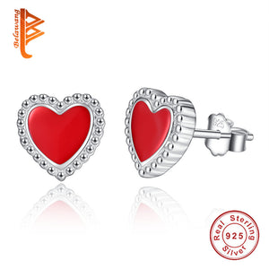 Cute Small Red Enamel Heart Earrings Genuine 925 Sterling Silver Love Stud Earrings For Women Girls Fashion Jewelry Party Gift