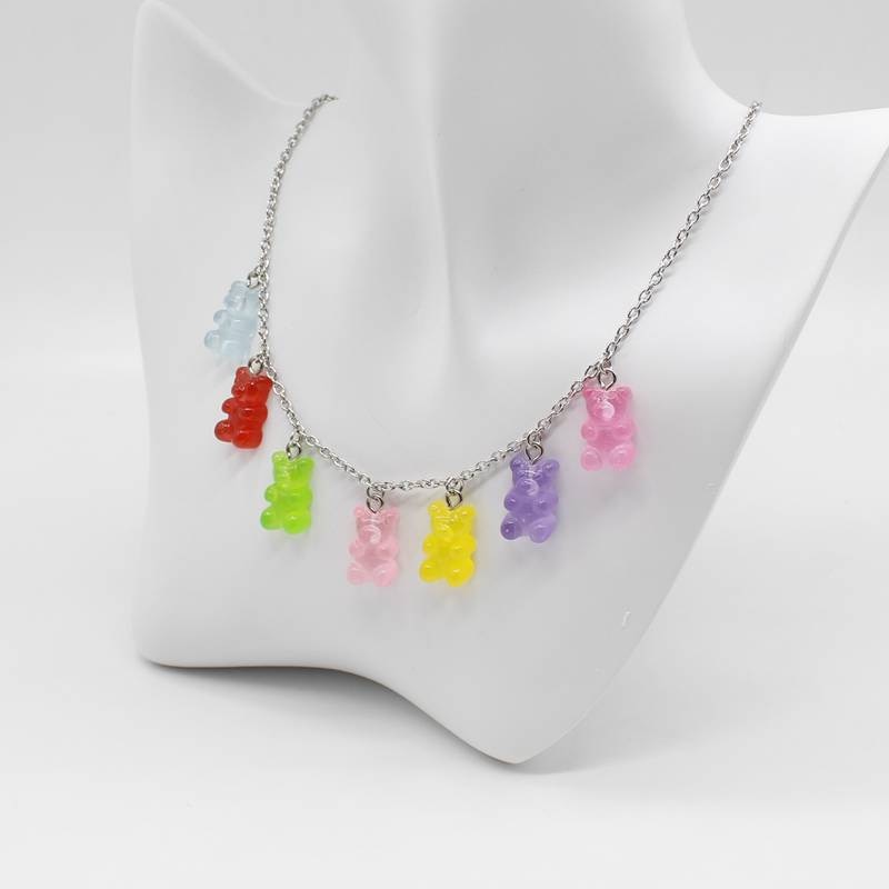 Cute candy color cartoon bear necklace DIY handmade colorful resin bear fresh necklace jewelry