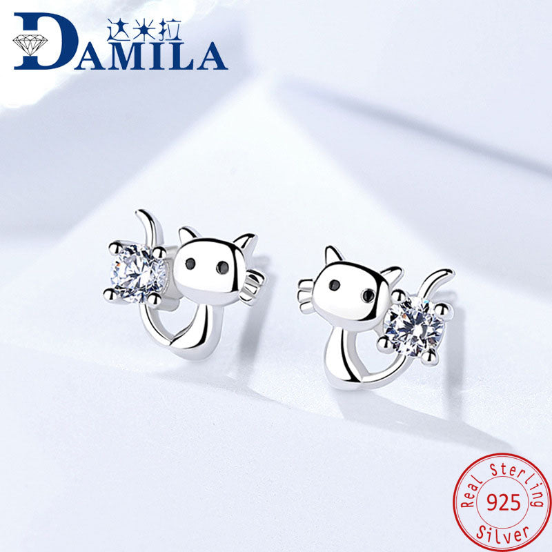 Cute cat 925 sterling silver earrings for women Silver 925 jewelry stud earrings cubic zirconia stone earing for female girls