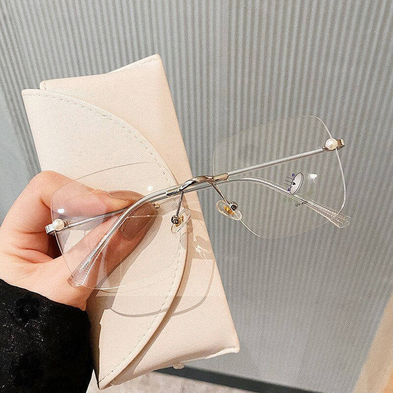 Cutting Frameless White Pearl Anti-blue Light Eyeglasses For Women Elegant Brand Alloy Square Ultralight Computer Glasses Frame