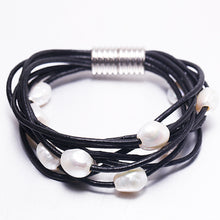 Load image into Gallery viewer, 9-10mm White Natural Baroque Pearl Bracelet 9 Layers Leather Bracelet Wholesale Price Magnet Clasp