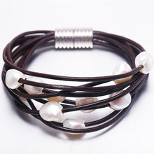 Load image into Gallery viewer, 9-10mm White Natural Baroque Pearl Bracelet 9 Layers Leather Bracelet Wholesale Price Magnet Clasp