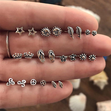 Different Style Vintage Crown Sun Star Feather Flower Stud Earrings For Women 11 Pairs/Set Bohemia Earring Sets Bijoux