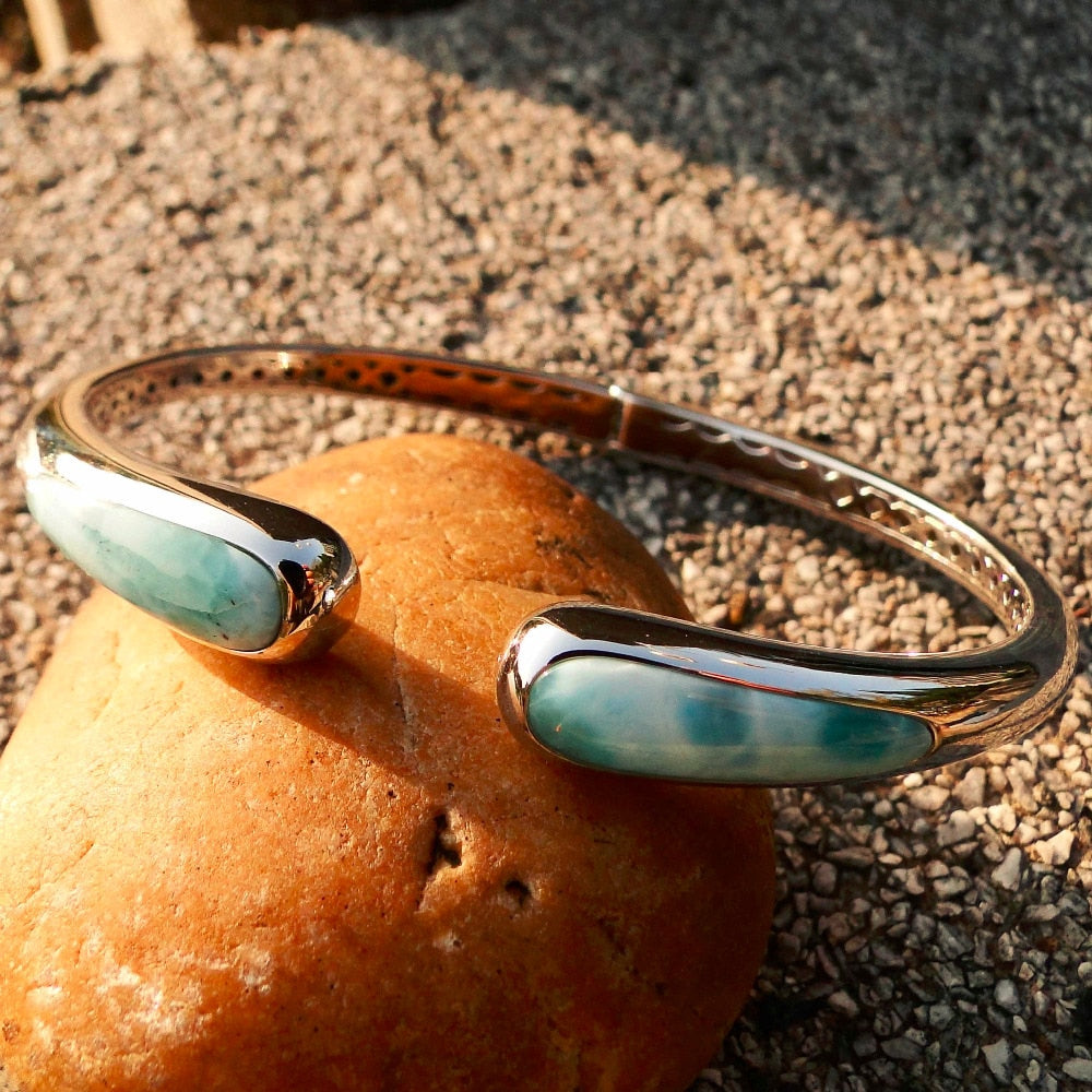 Natural Larimar Bangle Bracelets 925 Sterling Silver Bangle Jewelry Gifts for Woman