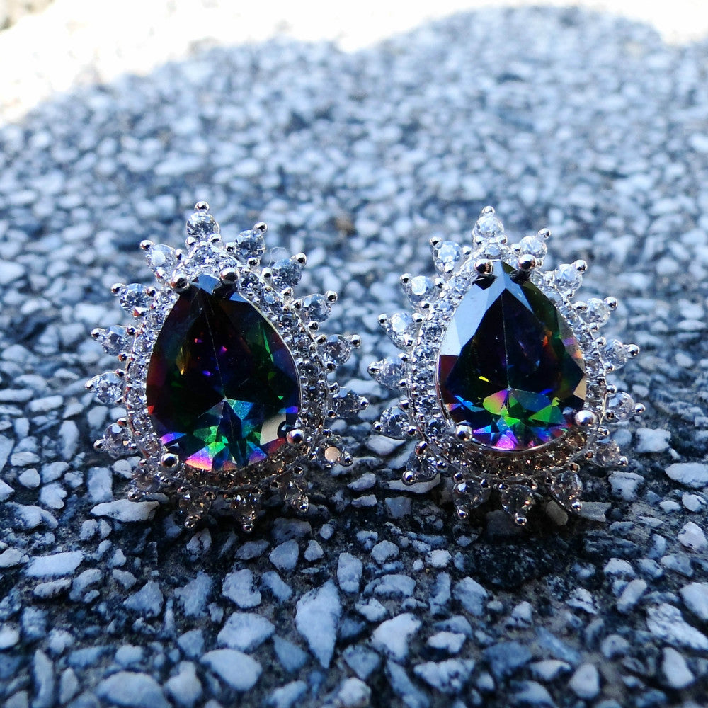 Rainbow Mystery Topaz Water Drop Ear Stud Earring Women Genuine 925 Silver Jewelry Wedding Engagement Brincos Earrings
