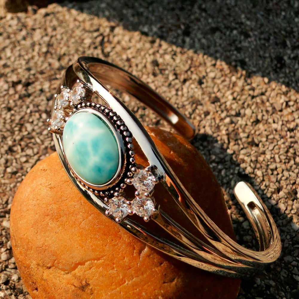 Vintage Fine Jewelry 925 Sterling Silver Bangle Natural Larimar Bracelet Larimar Bangle Vanlentine's D Present Gift