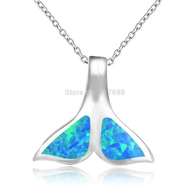 925 sterling silver created blue or white red fire opal Fish Tail pendants necklace fashion jewelry
