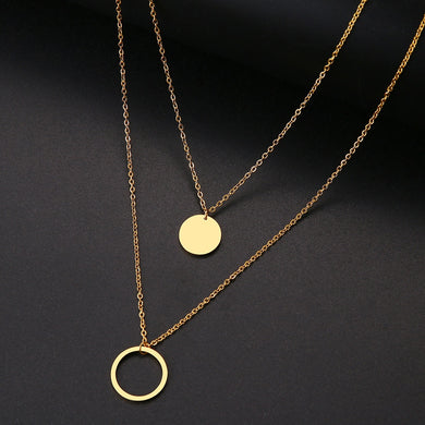 Women Double Round Geometric Pendant Necklace Stainless Steel Gold and Silver Color Jewelry Gift