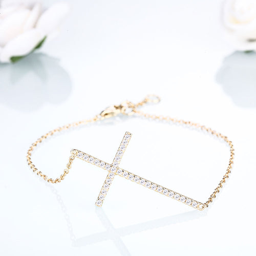 DOUBLE-R Created white Topaz cross Bracelets Soild 925 Sterling Silver Golden Bracelets Fine Wedding Jewelry