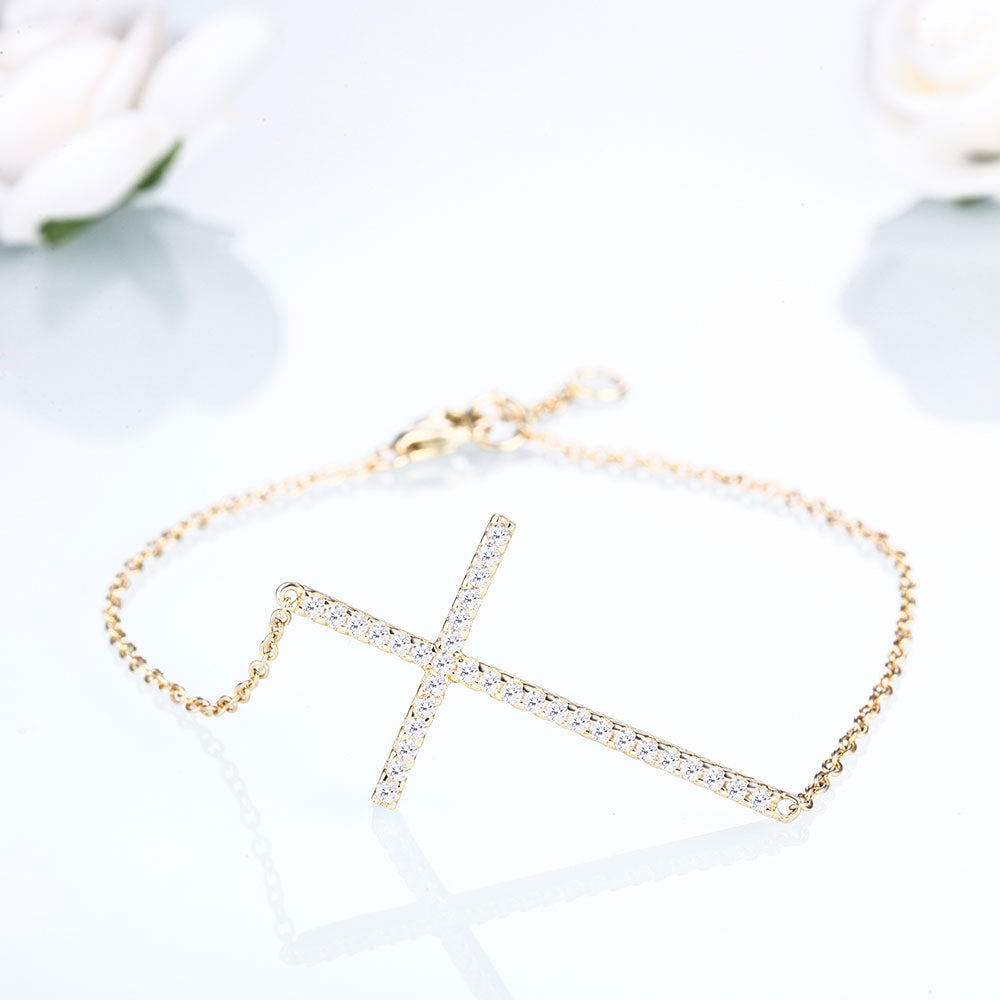 DOUBLE-R Created white Topaz cross Bracelets Soild 925 Sterling Silver Golden Bracelets Fine Wedding Jewelry