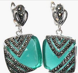 D 827+++Natural Green Opal Cat Eye Stone 925 Silver & Marcasite Earrings 1