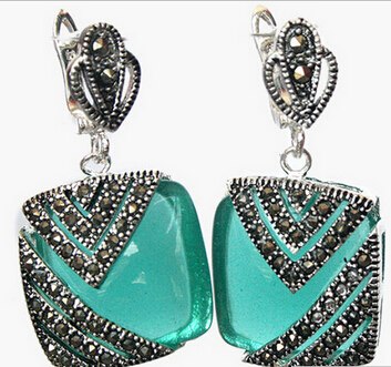 D 827+++Natural Green Opal Cat Eye Stone 925 Silver & Marcasite Earrings 1