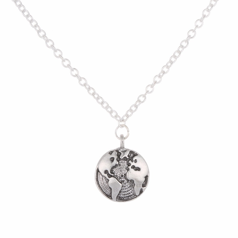 World Map Necklaces Planet Earth Antique Silver Globe Tiny Round Pendant Necklace Jewelry for Gift
