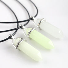 Load image into Gallery viewer, Dark Luminous Stone Fluorescent Hexagonal Column Necklace Natural Crystal Glowing in Dark Bullet Stone Pendant Leather Necklace