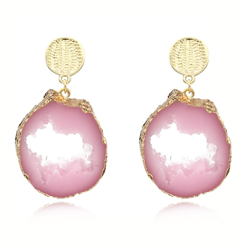 Europe Boho Resin Earrings Women Jewelry Handmade Irrgular Big Huge Earrings Pink Hollow Gold Long Dangle Earrings E323