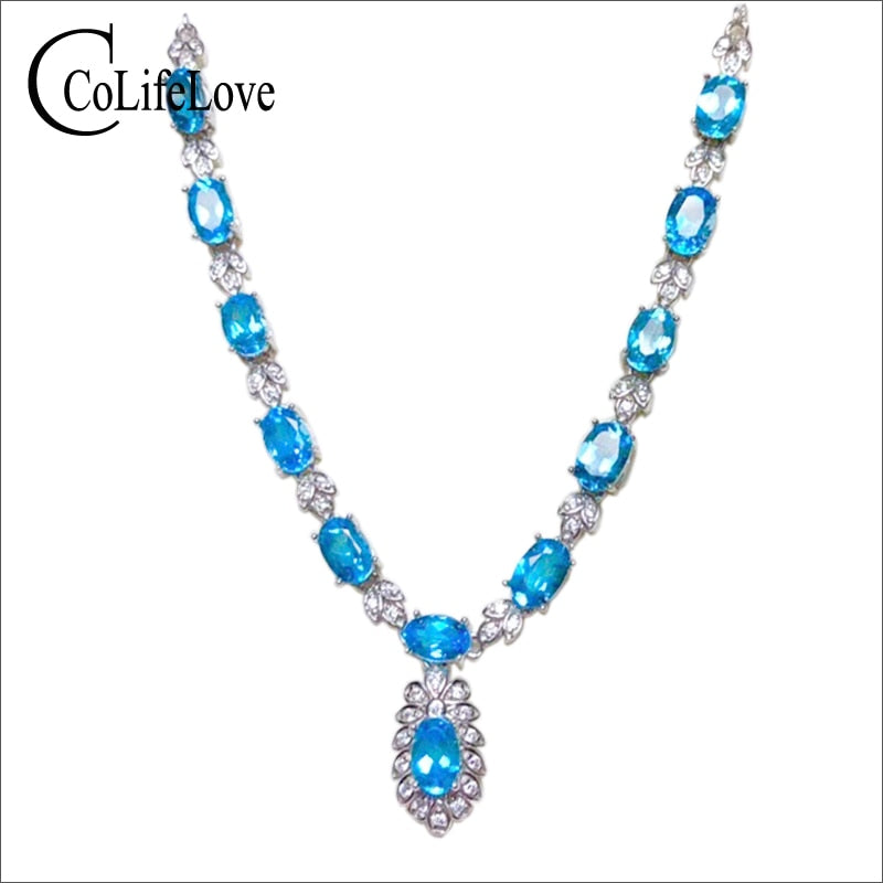 Dazzling topaz necklace for evening party 13 pcs natural VVS light blue topaz silver necklace solid 925 silver topaz jewelry