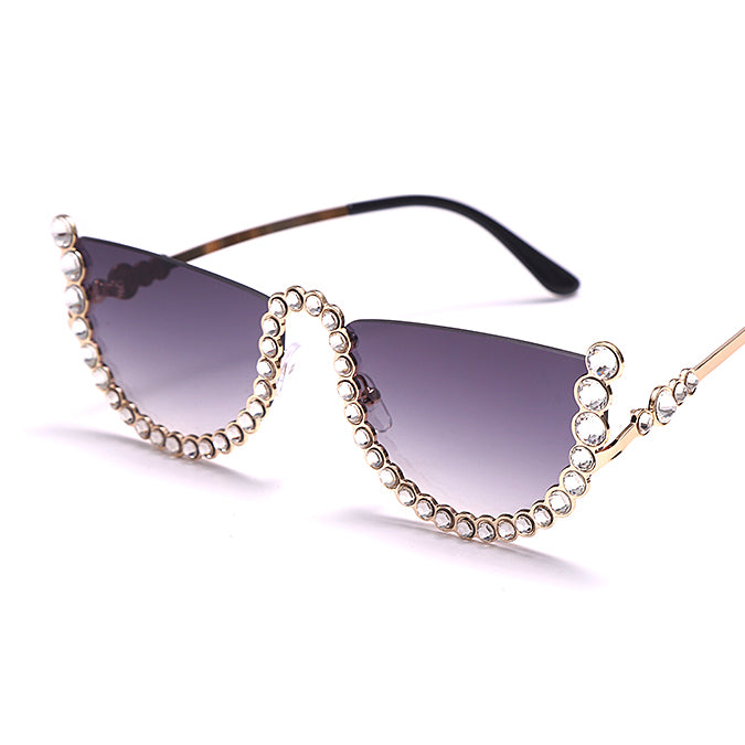 Diamond Cat Eye Sunglasses Women Semi-Rimless Sun Glasses  Brand Designer Crystal Sexy Frame Rhinestone Eyewear Oculos