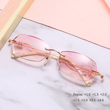 Carica l'immagine nel visualizzatore di Gallery, Occhiali da lettura con taglio a diamante Occhiali da lettura senza montatura in lega da donna Occhiali da lettura sfumati rosa Donna con strass in metallo anti blu +3.0 