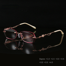 Carica l'immagine nel visualizzatore di Gallery, Occhiali da lettura con taglio a diamante Occhiali da lettura senza montatura in lega da donna Occhiali da lettura sfumati rosa Donna con strass in metallo anti blu +3.0 