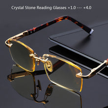 Load image into Gallery viewer, Diamond Trimmed Rimless Glass Reading Glasses Man Natural Crystal Stone Hyperopia Woman  Presbyopia Eyeglasses +1.0 +4.0