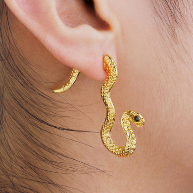 3D Double Sided Post Stud Earrings For Right Ear Gold color Snake Black Rhinestone 38mm x 35mm,1 Piece