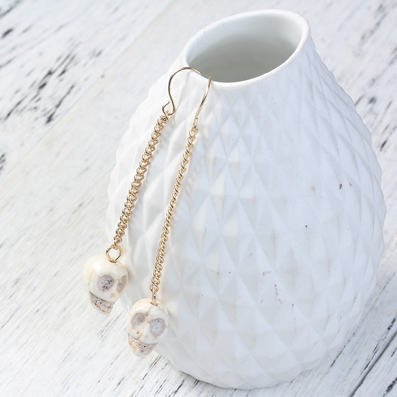 European and American Style New Fashion Punk White & Brown Resin Skeleton Pattern Drop Earrings, 7.2cm x 1cm, 1 Pair