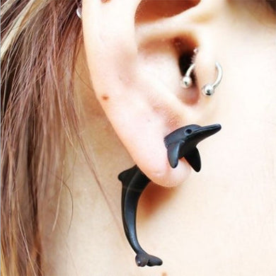 3D Double Sided Ear Studs Earrings Black Dolphin Animal Punk Fashion Jewelry 25mm(1) x 20mm( 6/8), 2 PCs