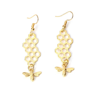 3D Drop Earrings Gold Color Honeycomb Bee Animal Pendants Fashion Women Jewelry 64mm(2 4/8) x 16mm( 5/8), 1 Pair