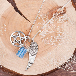 Handmade Movie Supernatural Pentacle Angel Wings Wishing Bottle Guardian Series Silver Color Necklace Jewelry, 1 Pc