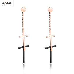 Double Layer Earrings Tassel Long 316l Stainless Steel Earrings Long for Women Gold Black Cross Earrings Studs Titanium Jewelry