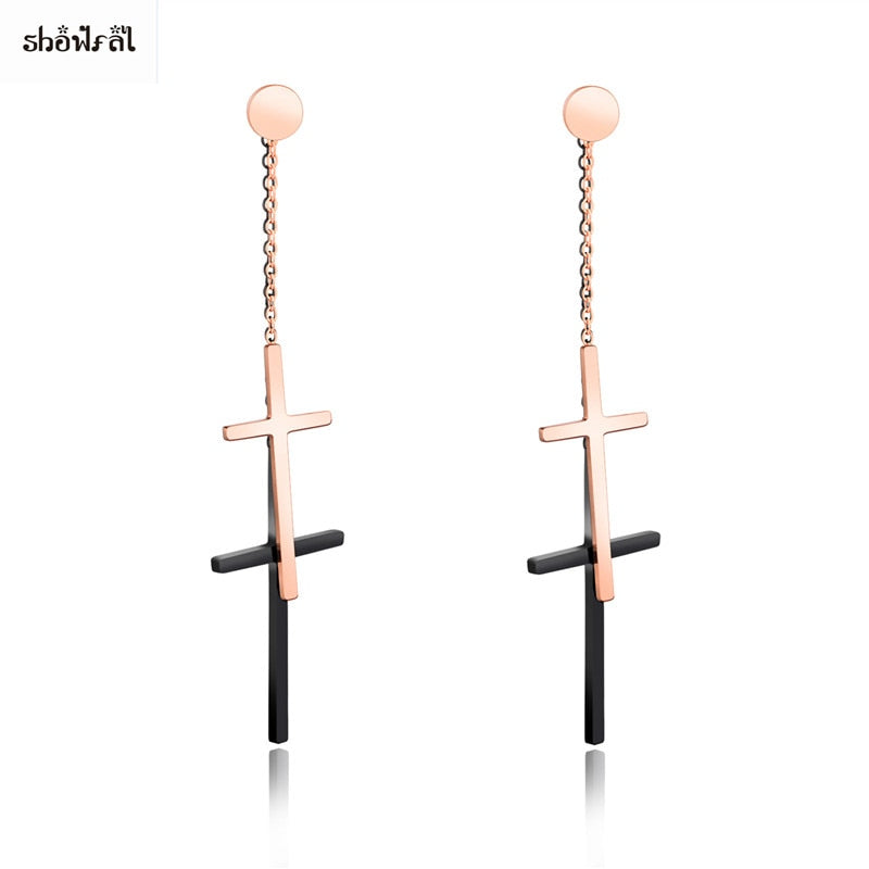 Double Layer Earrings Tassel Long 316l Stainless Steel Earrings Long for Women Gold Black Cross Earrings Studs Titanium Jewelry