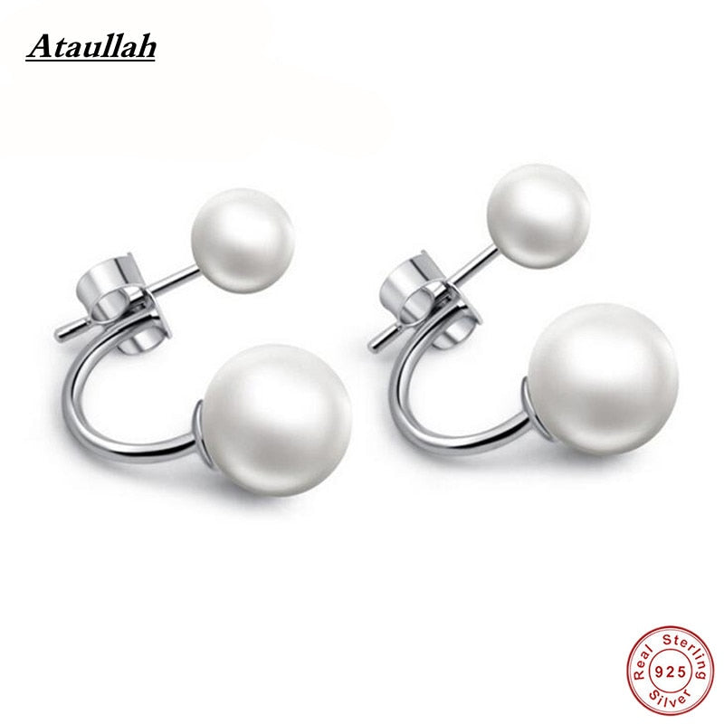 Double Side Natural Pearl Earrings For Women 925 Sterling Silver Front Back Two Sided Stud Earrings Brand EWS307
