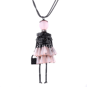 Dress Doll Pendant Necklace Women Girl Crystal Beads Long Sweater Chain Statement Charm Choker Fashion Jewelry Accessories