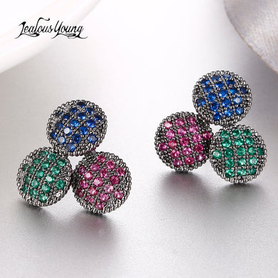 Druzy 3 Round Cubic Zirconia Romantic Stud Earrings for Women With Blue Green CZ Crystal Statement Earings Indian Jewelry kupe
