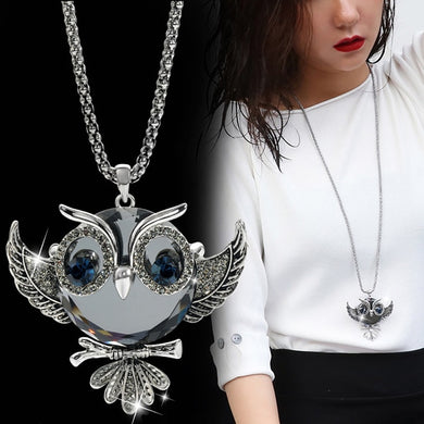 Classic Owl Necklace Silver Color Long Popcorn Chain Animal Crystal Rhinestone Pendant Necklace For Women Gift Jewelry