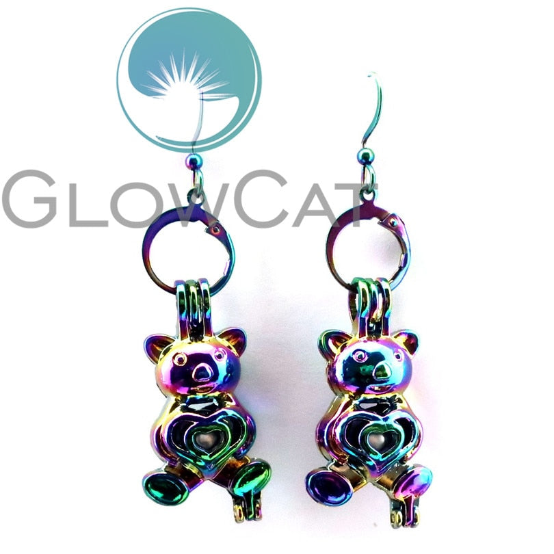 E-CC290 Rainbow Cute Bear Heart Ear Dangel Earring Beads Cage Oyster Pearl Drop Earrings for Women Girl Jewelry