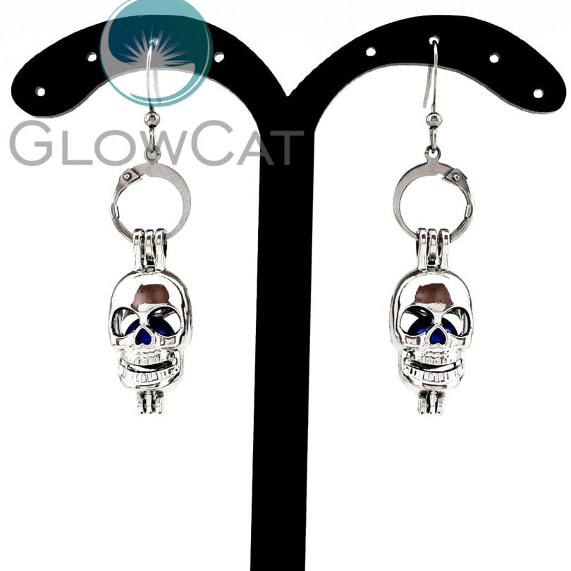 E-KK60 Gothic Skull Head Openable Stone Pearl Cage Drop Earrings Hanging Dangle Locket Jewelry Ear Hook Brincos