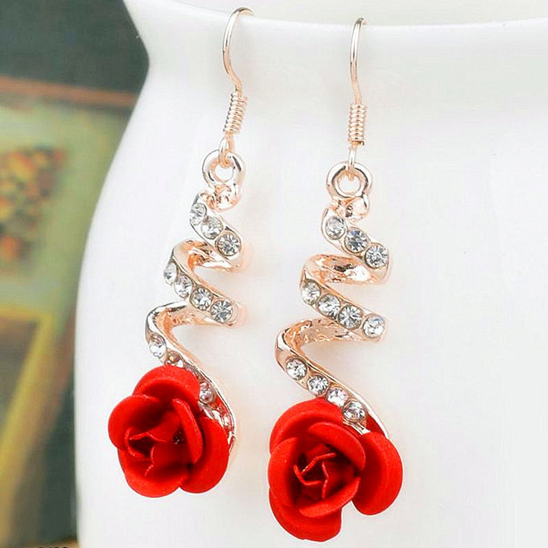 E0373 Vintage Red Rose Drop Earrings For Women Rose Gold Color Statement Dangle Earrings With Crystal Rhinestone Wedding Jewelry
