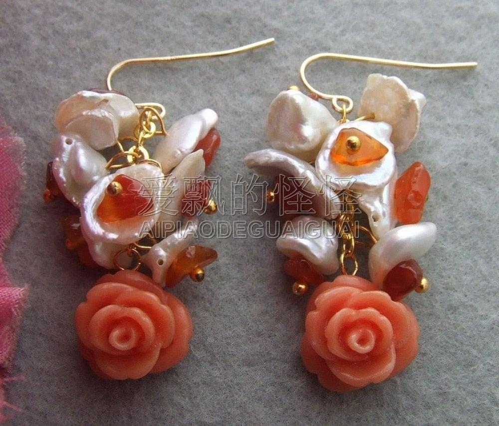 E042115 Natural Keshi Pearl Carnelian Resin Flower Earrings